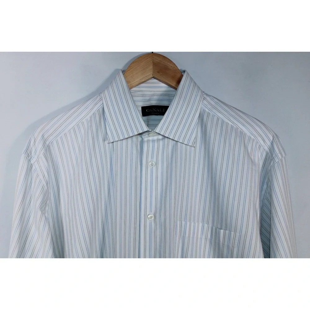 Canali Men's Size 42/16.5 White Striped Long Sleeve Dress Shirt